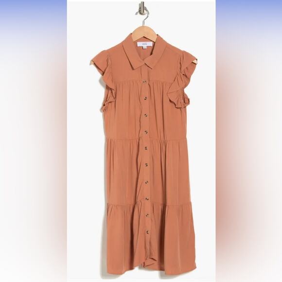 Lucky Brand FLUTTER SLEEVE TIERED SHIRTDRESS IN MOCHA MOUSSE - Picture 3 of 9
